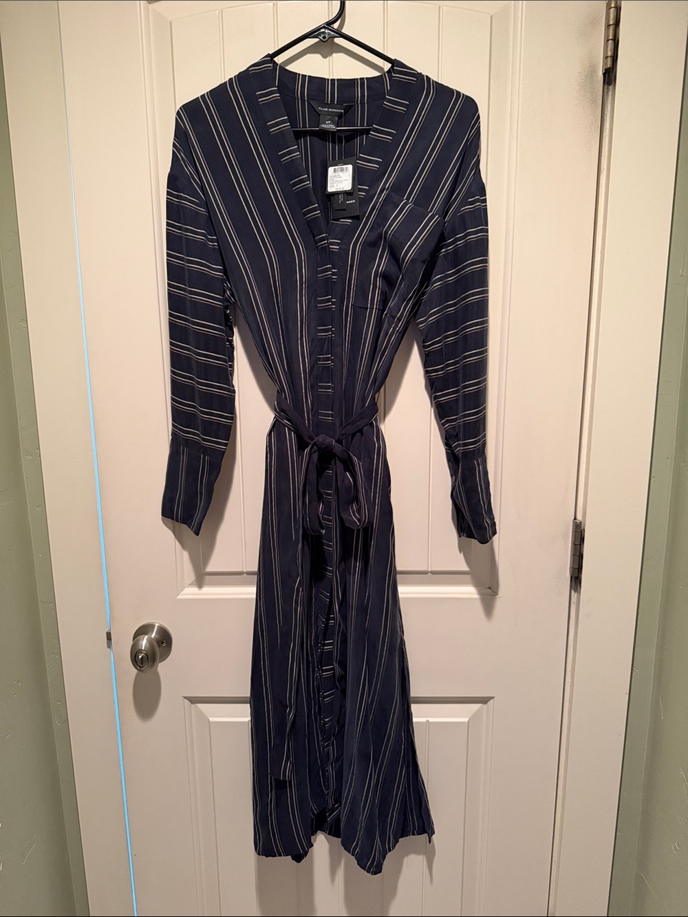 Club Monaco Navy and White Striped Long-Sleeve Tie-Waist Dress